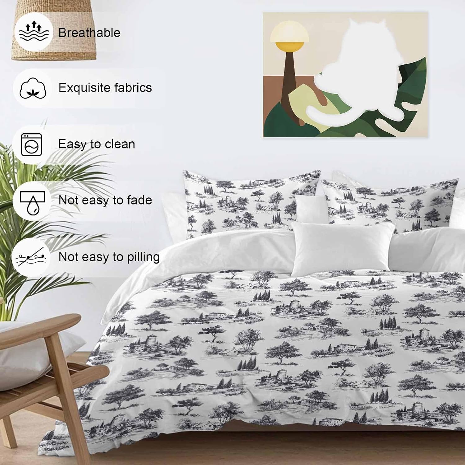 Farmhouses Plants Duvet Cover Set Queen Size 4 Pieces Mystic Castle Rustic Abstract Tree Retro Bedding Set with Zipper Closure, 1 Comforter Cover 90x92 Inches 1 Flat Sheet & 2 Pillow Cases