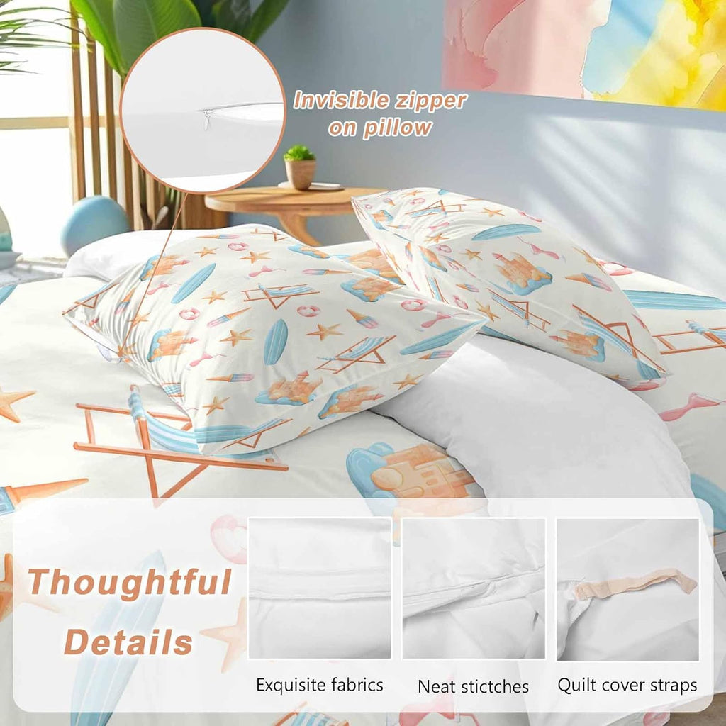 Summer Beach Duvet Cover Set Queen Size 4 Pieces Dreamy Ocean Blue Surfboards Beach Chair Castle Starfish Bedding Set with Zipper Closure, 1 Comforter Cover 90x92 Inches 1 Flat Sheet & 2 Pillow Cases