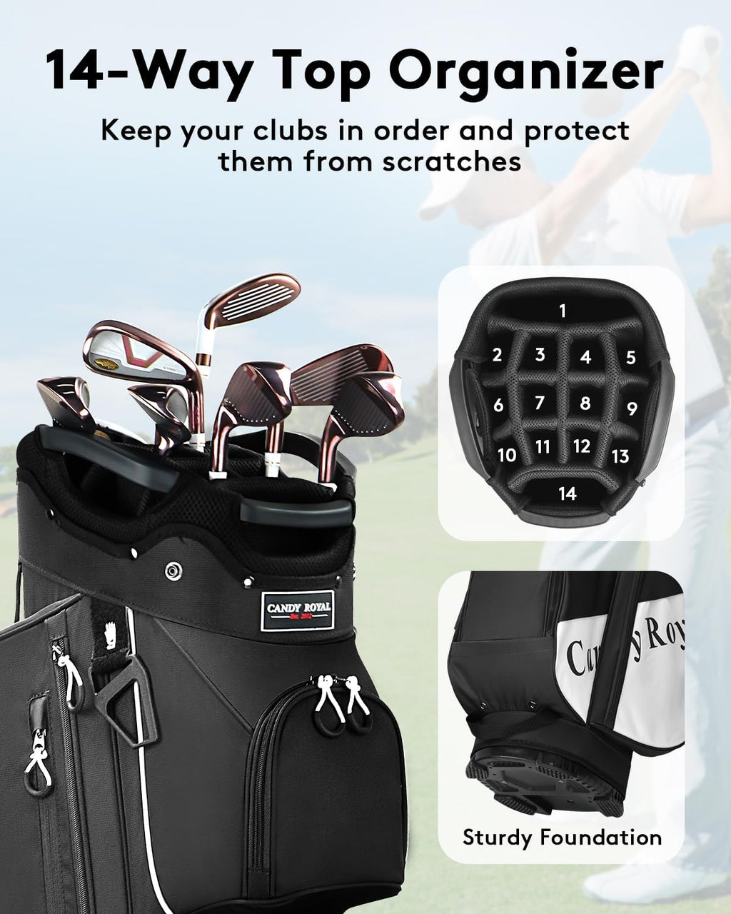 Golf Cart Bag:14 Way Full Length Divider Top Lightweight with Cooler Handles Rain Cover and Golf Shoe Bag Green