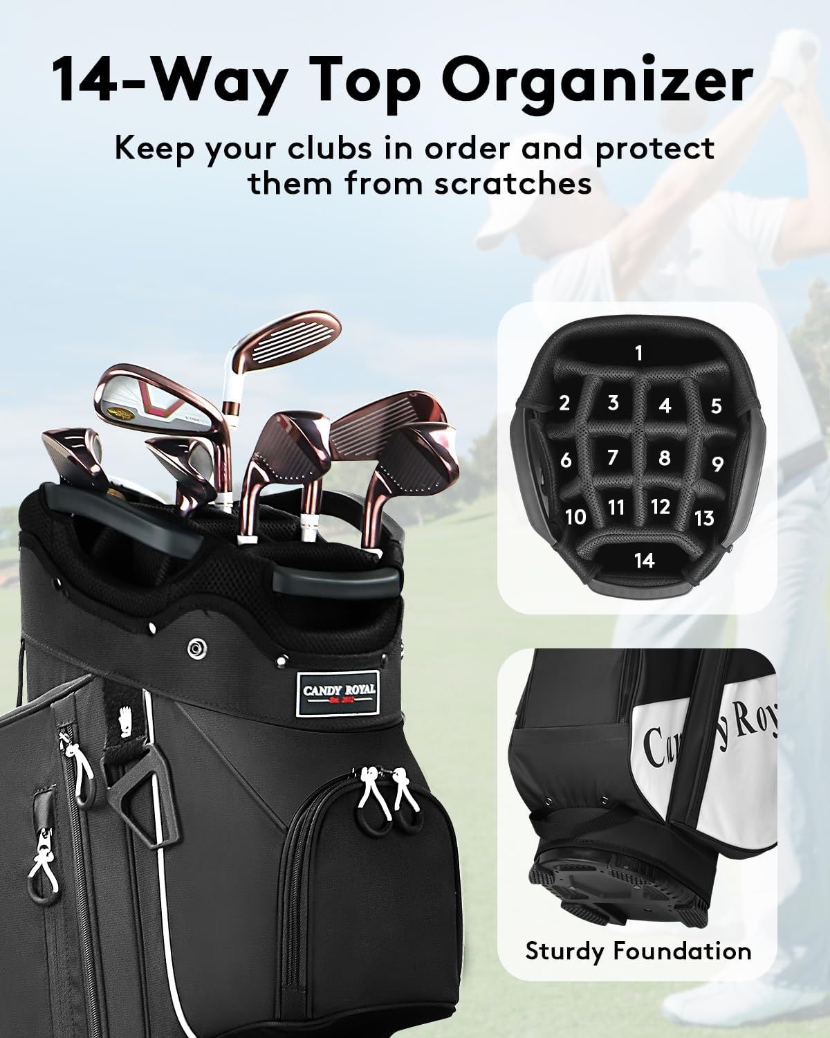 Golf Cart Bag:14 Way Full Length Divider Top Lightweight with Cooler Handles Rain Cover and Golf Shoe Bag Green