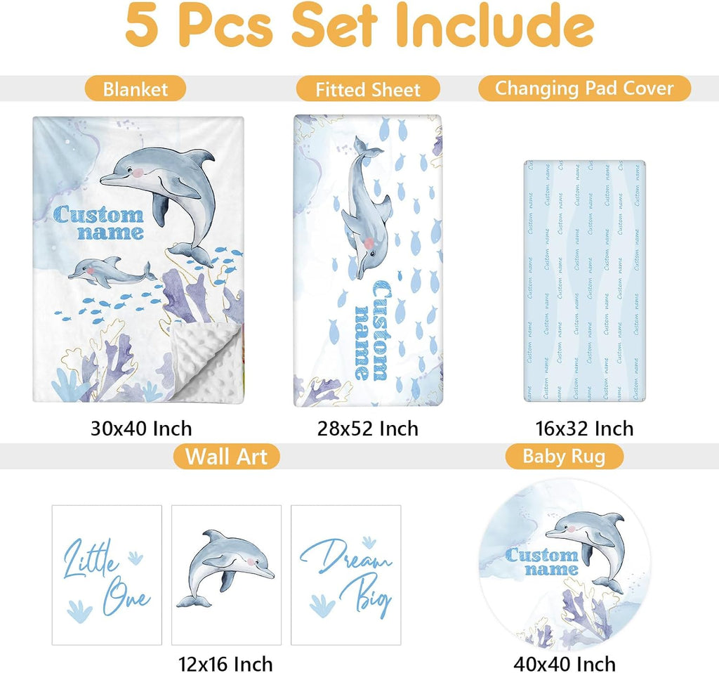Terwex Personalized Baby Crib Bedding Set, 5 Pcs Custom Name Nursery Bedding Set, Blue Dolphin Baby Bedding Set for Girls Boys, Double Layer Baby Crib Sets, Customized Gifts for Toddlers Kids Infants