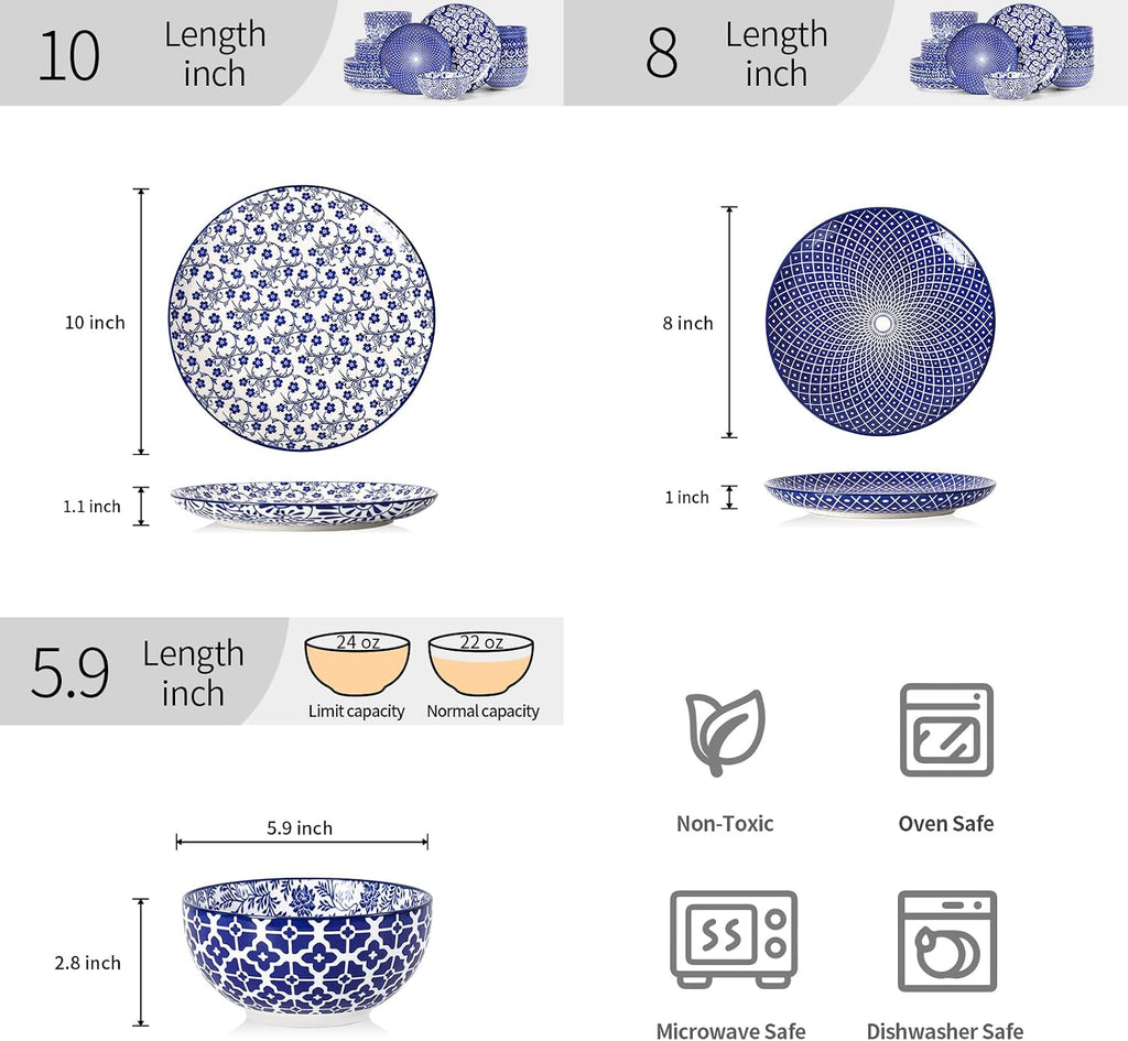 Selamica Ceramic Plates and Bowls Sets,24 Pieces Dinnerware Sets for 8,Scratch Resistant Dish Set for family gathering,Dishwasher & Microwave Safe, Vintage Blue