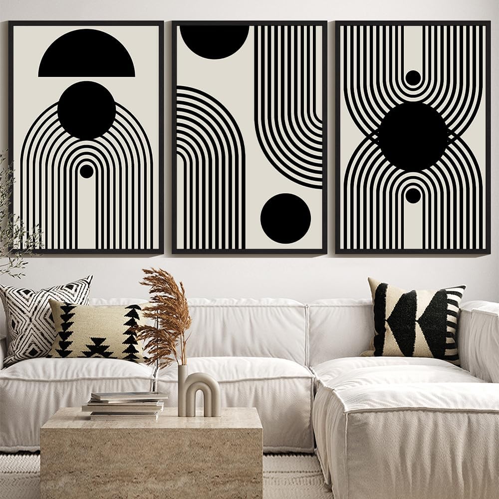 Drsoum Large 24x36in Black and White Abstract Framed Wall Art Decor Duotone Minimal Dark Brush Stroke Prints Shapes Illustrations Modern Art Decorative Ready To Hang - Black Framed
