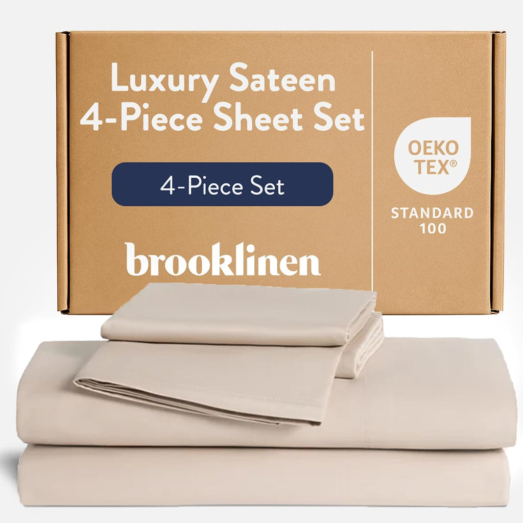 Brooklinen Luxury Sateen 4 Piece Sheet Set - 100% Cotton Bed Sheets, Soft & Durable King Size Sheet Set in Pebble, Oeko-TEX Certified Bedding Set, 1 Fitted Sheet, 1 Flat Sheet, 2 Pillowcases