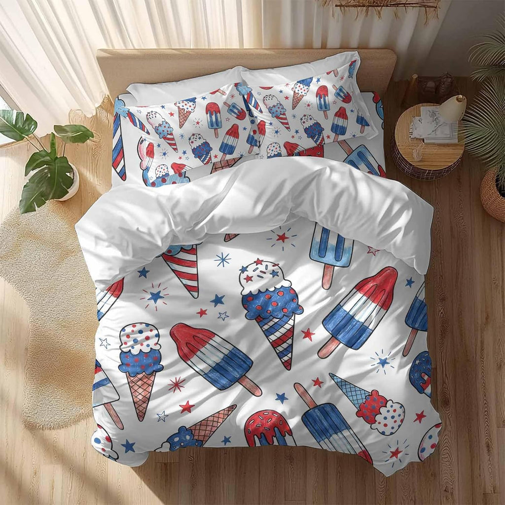 Prime Leader Red Blue Ice Cream Duvet Cover Set Queen Size 4 Pieces Independence Day Watercolor Ice Cream Bedding Set with Zipper Closure, 1 Comforter Cover 90x92 Inches 1 Flat Sheet & 2 Pillow Cases