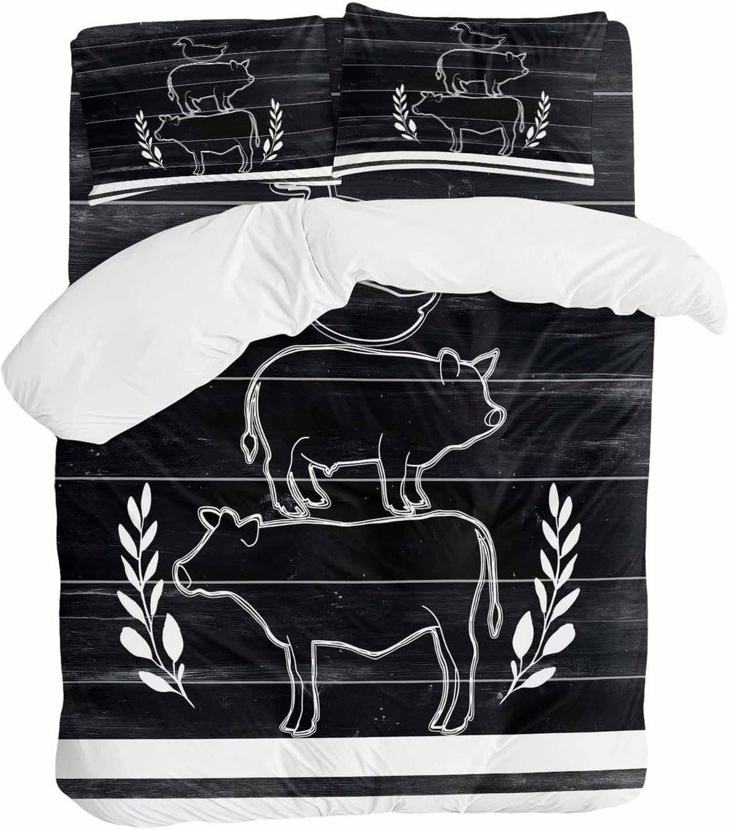 Farm Animals Duvet Cover Set Queen Size 4 Pieces Farmhouse Black Gray Cow Pig Duck Black Wood Grain Bedding Set with Zipper Closure, 1 Comforter Cover 86x86 Inches 1 Flat Sheet & 2 Pillow Cases