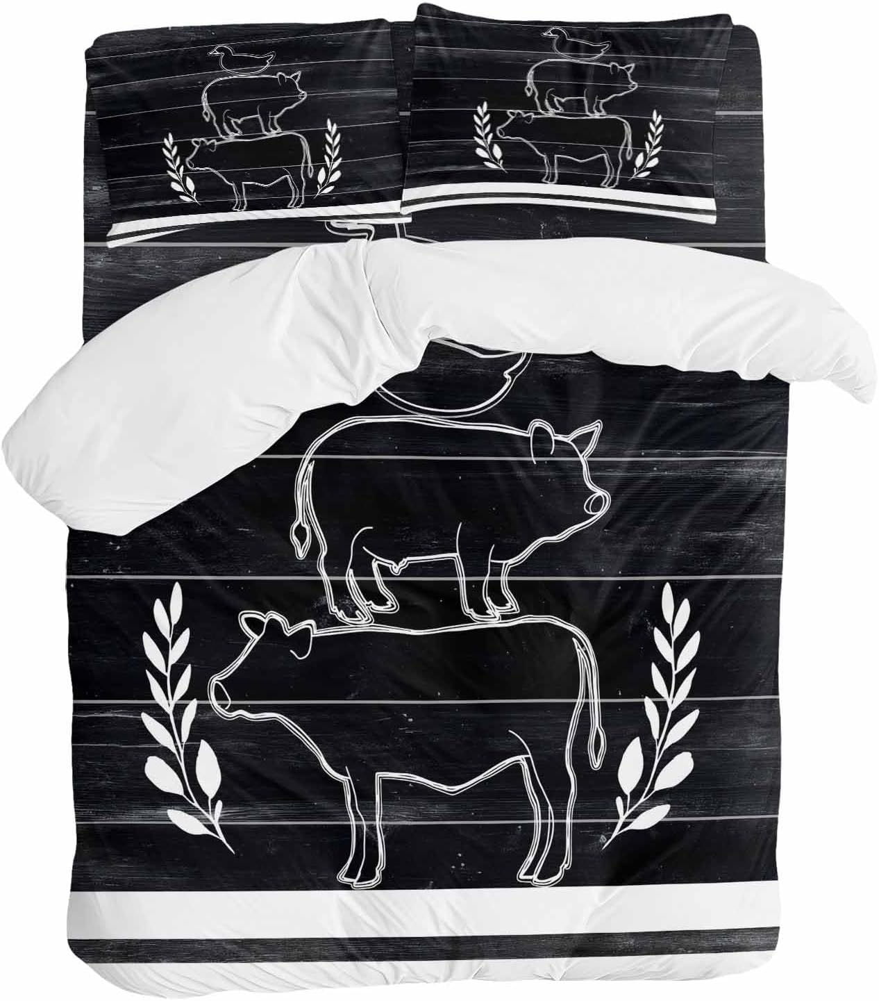 Farm Animals Duvet Cover Set Queen Size 4 Pieces Farmhouse Black Gray Cow Pig Duck Black Wood Grain Bedding Set with Zipper Closure, 1 Comforter Cover 86x86 Inches 1 Flat Sheet & 2 Pillow Cases