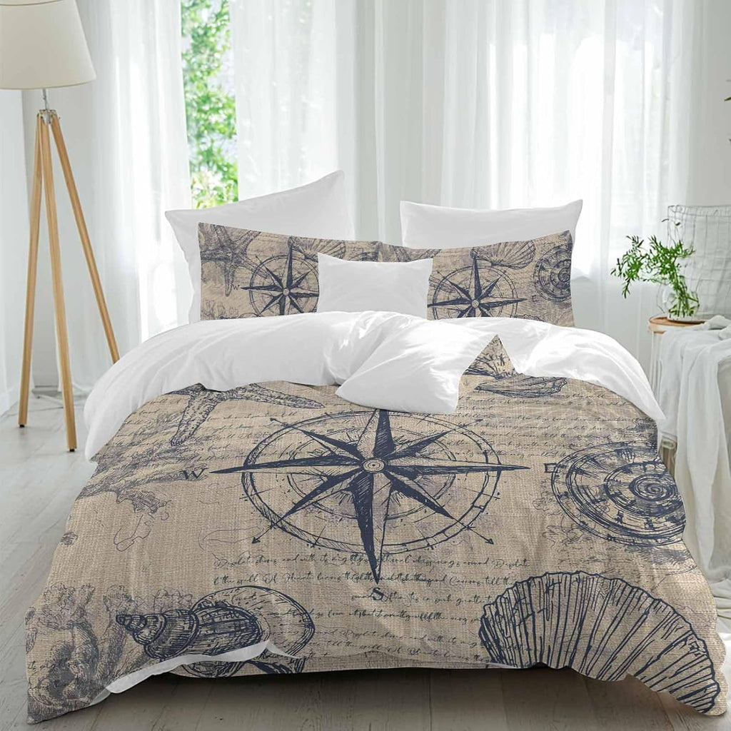 Vintage Nautical Duvet Cover Set Queen Size 4 Pieces Summer Navy Blue Compass Shell Starfish Brown Bedding Set with Zipper Closure, 1 Comforter Cover 86x86 Inches 1 Flat Sheet & 2 Pillow Cases