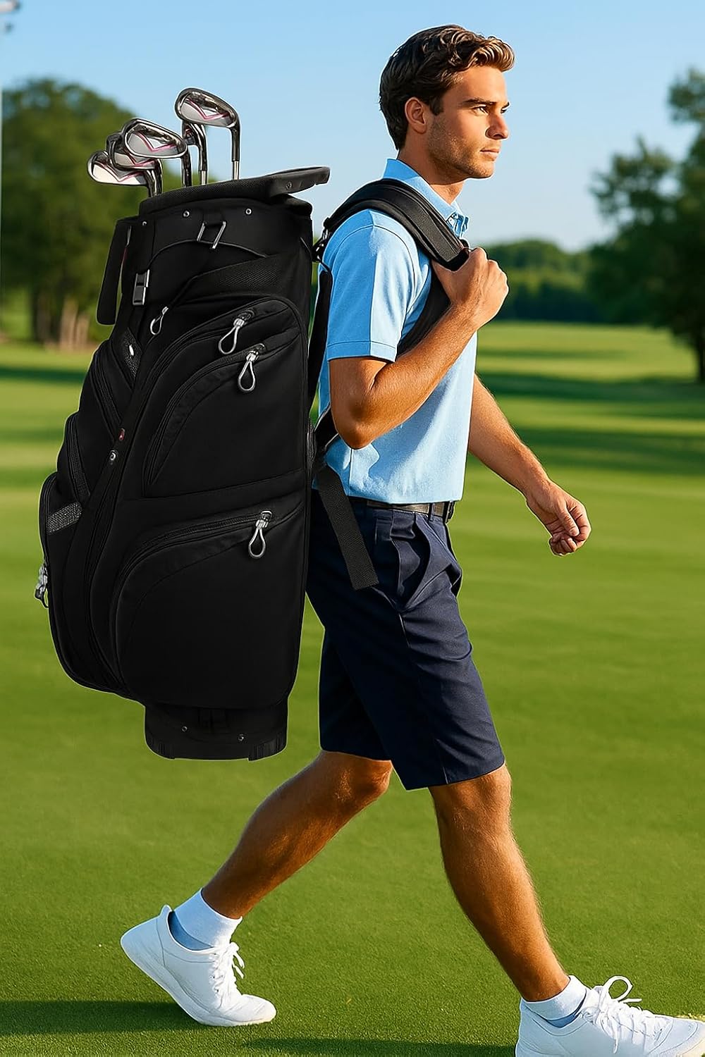 Vancropak Golf Cart Bag, Golf Gifts for Men with 15 Way Divider Top, USB Charging Port, Waterproof Protective Rain Cover, Shoe Compartment, Cooler Pocket, Tracker Slot, Umbrella Holder, Golfer Gifts