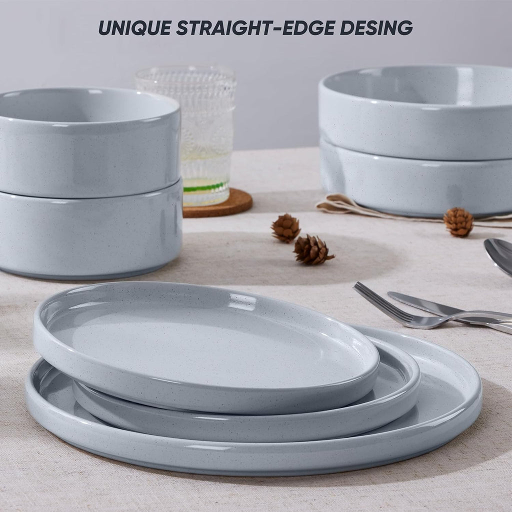 E-far Dinnerware Sets with Pasta Bowls, 24-Piece Stoneware Plates and Bowls Sets for 6 | Microwave & Dishwasher Safe Kitchen Modern Dish Set, Speckled Gray