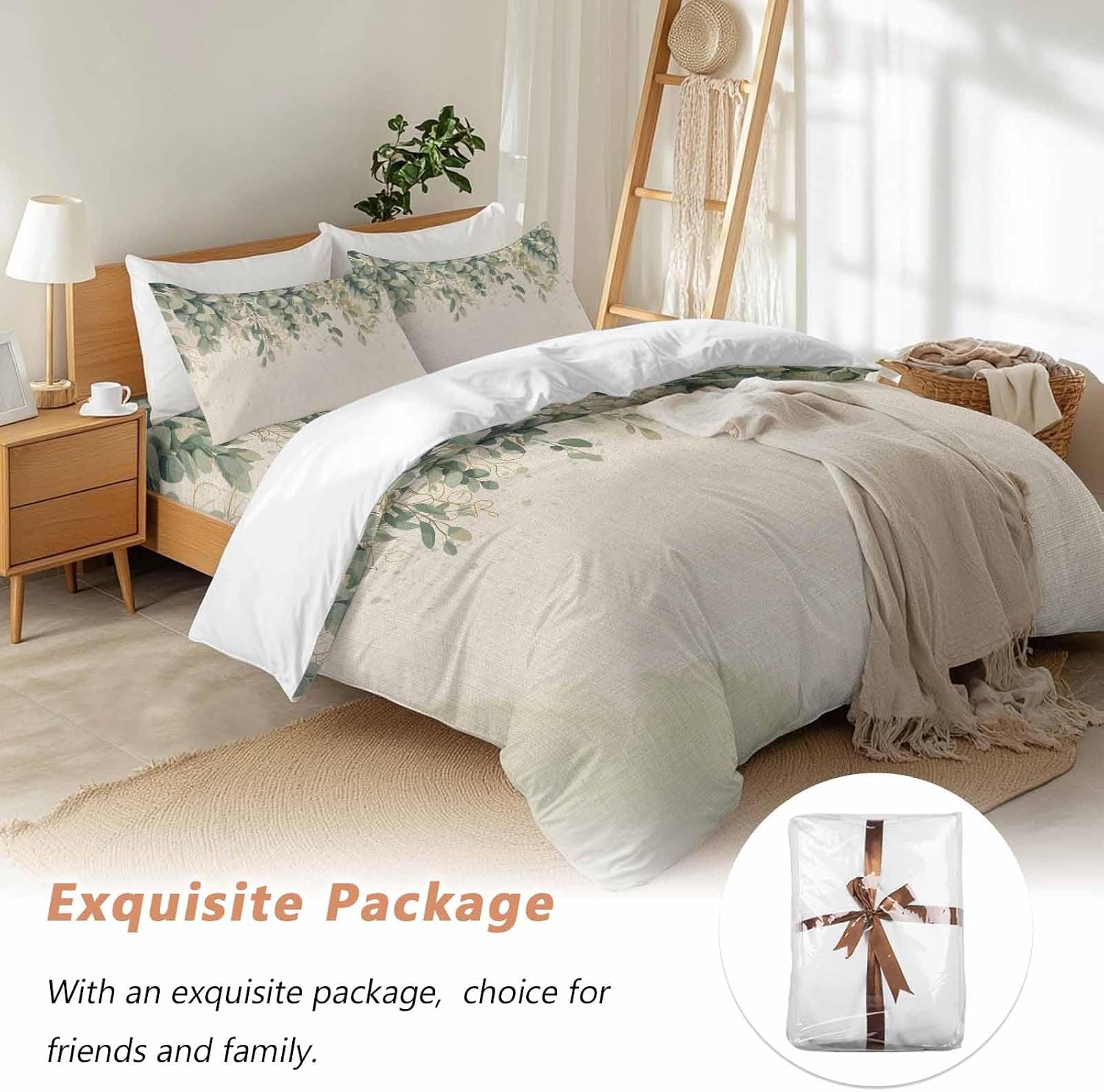 Prime Leader Green Eucalyptus Leaves Duvet Cover Set Queen Size 4 Pieces Flower Vintage Linen Texture Bedding Set with Zipper Closure, 1 Comforter Cover 92x106 Inches 1 Flat Sheet & 2 Pillow Cases