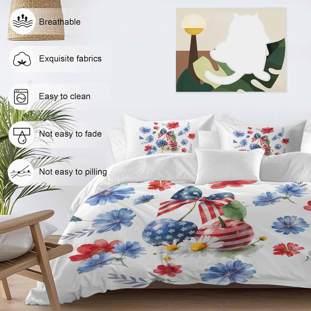 Independence Day Cherry Duvet Cover Set Queen Size 4 Pieces Patriotic Red Blue Star Flower Bow Leaf Bedding Set with Zipper Closure, 1 Comforter Cover 86x86 Inches 1 Flat Sheet & 2 Pillow Cases