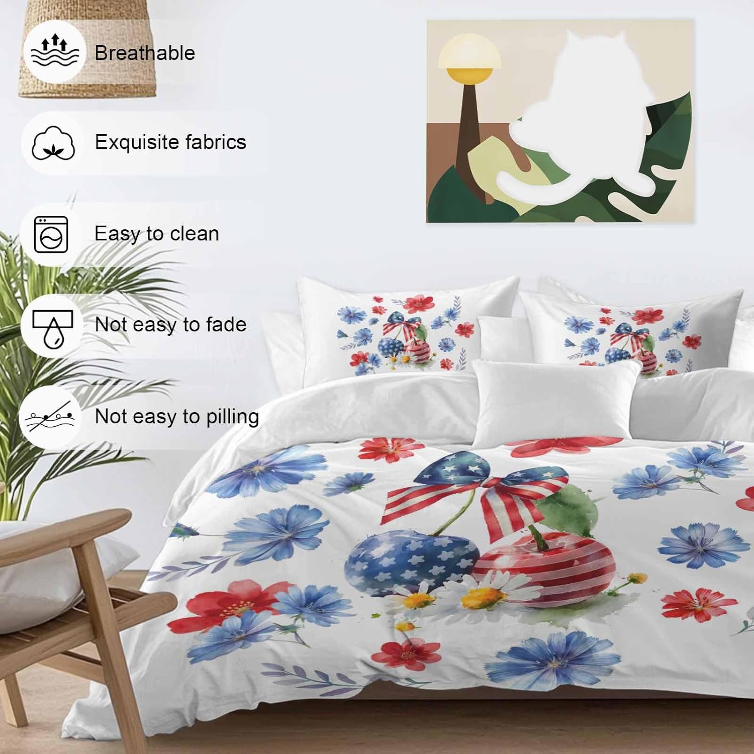 Independence Day Cherry Duvet Cover Set Queen Size 4 Pieces Patriotic Red Blue Star Flower Bow Leaf Bedding Set with Zipper Closure, 1 Comforter Cover 86x86 Inches 1 Flat Sheet & 2 Pillow Cases