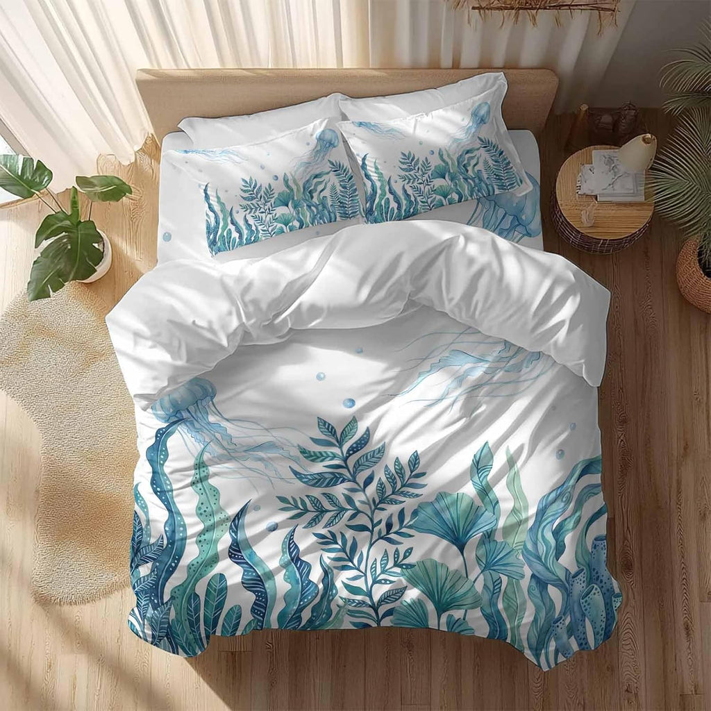 Prime Leader Blue Summer Ocean Duvet Cover Set Queen Size 4 Pieces Jellyfish Seaweed Watercolor Coastal Bedding Set with Zipper Closure, 1 Comforter Cover 90x92 Inches 1 Flat Sheet & 2 Pillow Cases