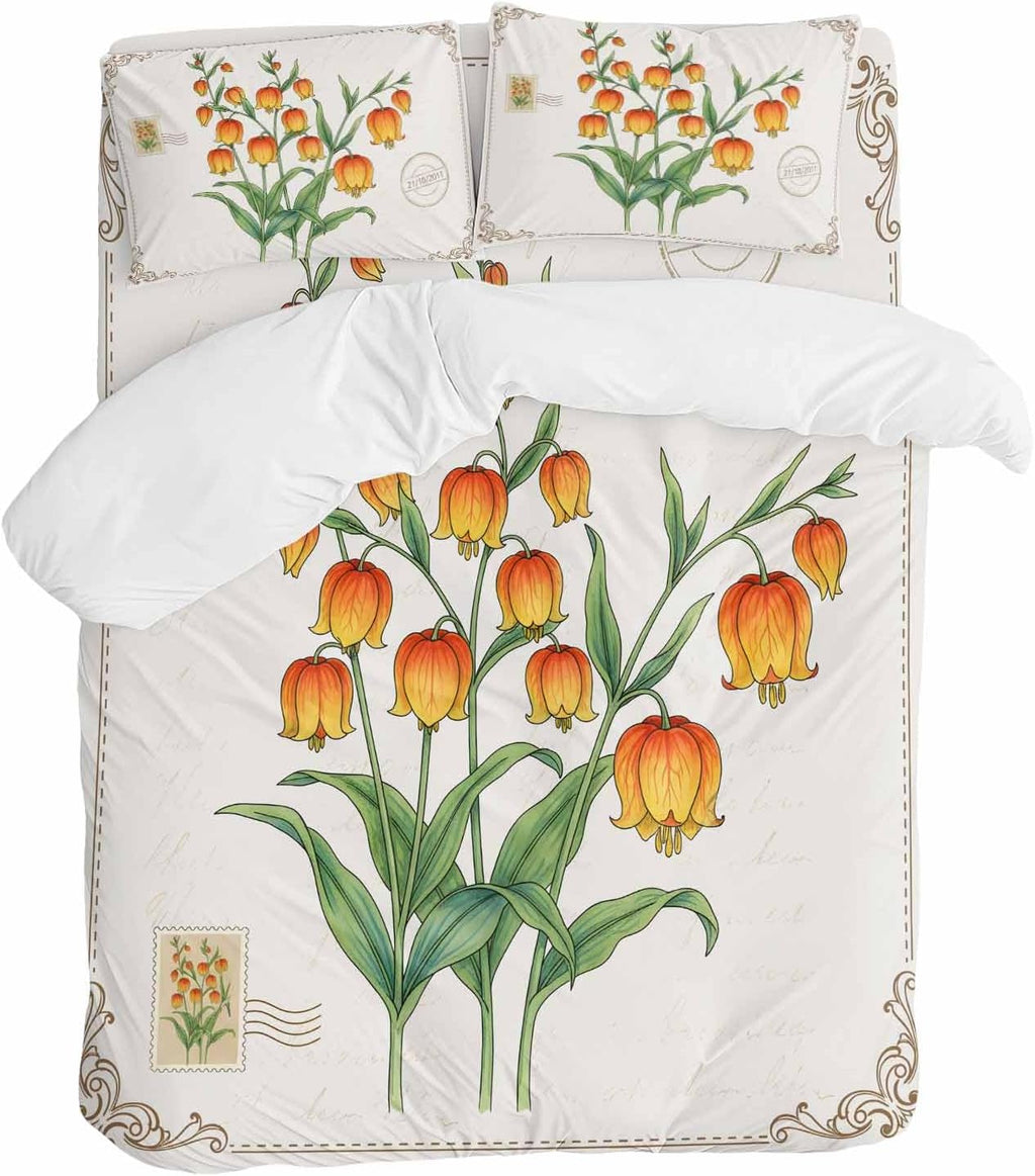 Orange Floral Duvet Cover Set Queen Size 4 Pieces Country Pastoral Watercolor Flowers Green Leaf Bedding Set with Zipper Closure, 1 Comforter Cover 90x92 Inches 1 Flat Sheet & 2 Pillow Cases