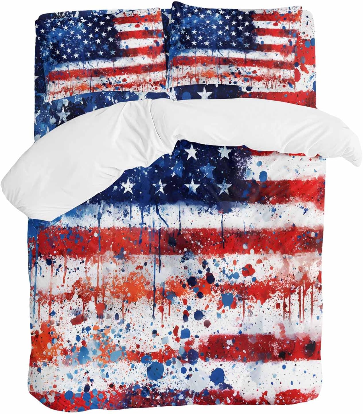 Independence Day Duvet Cover Set Queen Size 4 Pieces Mottled Red Blue White Stars Painted Flag Bedding Set with Zipper Closure, 1 Comforter Cover 90x92 Inches 1 Flat Sheet & 2 Pillow Cases