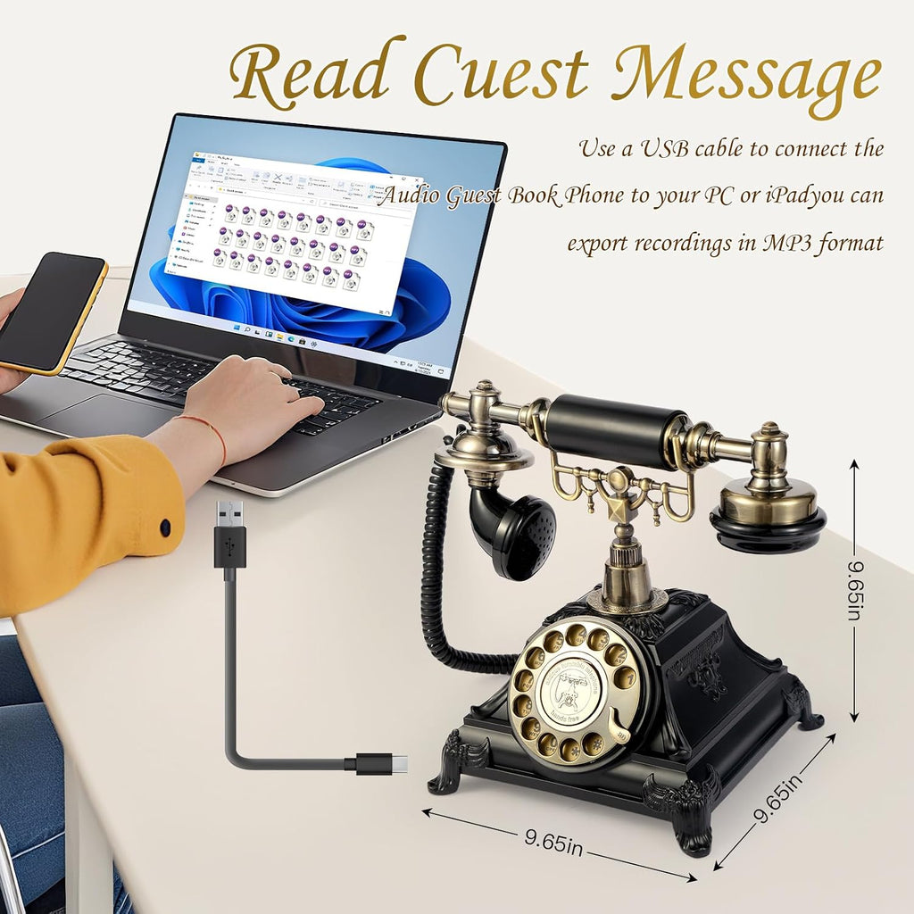 Audio Guest Book Wedding Phone, Audio Guest Book Record Customized Audio Messages Guest Book Alternatives Classic Retro Phone for Parties Birthdays Rentals Confessions Special Occasions (Black)