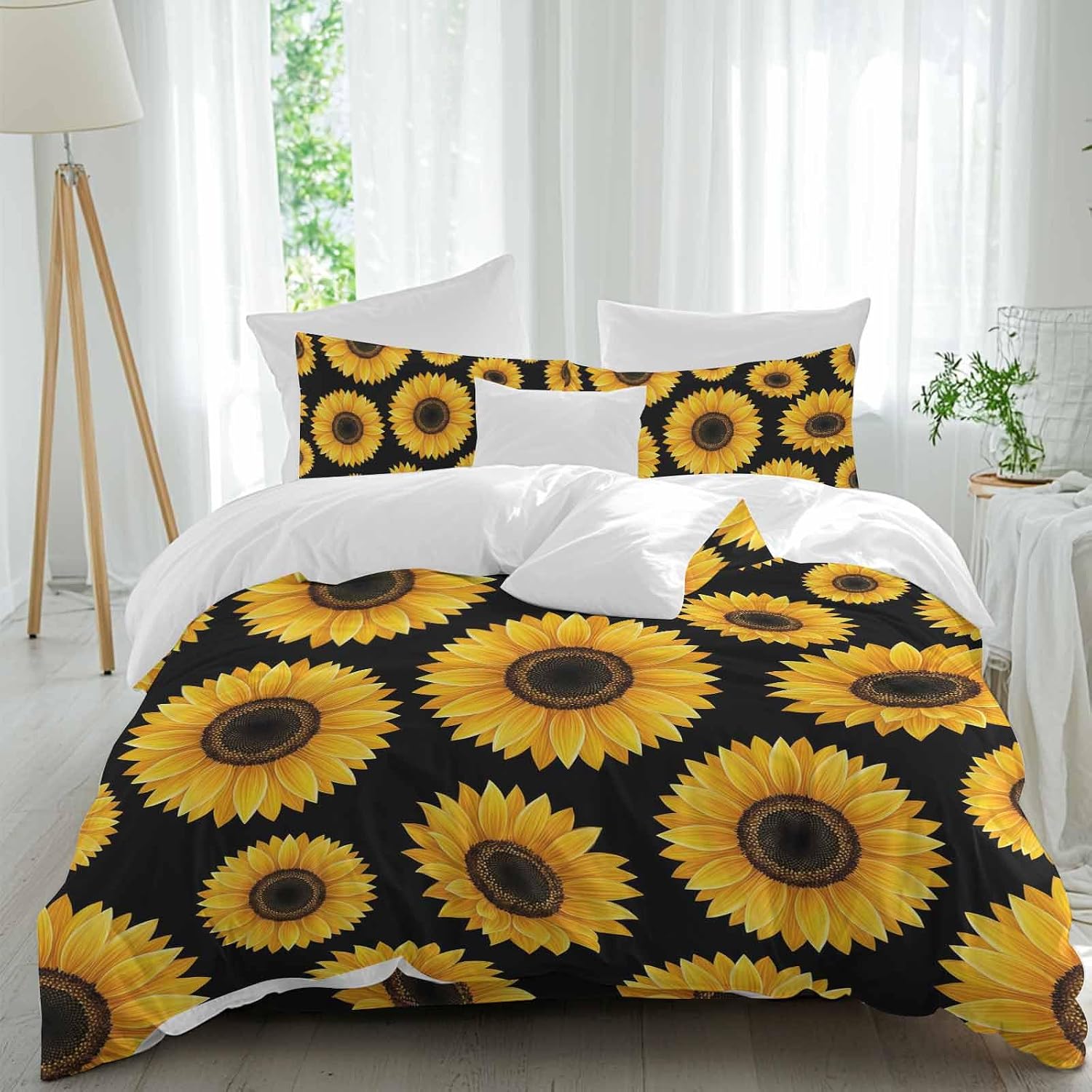 Yellow Sunflowers Duvet Cover Set Queen Size 4 Pieces Black Background Abstract Vintage Floral Bedding Set with Zipper Closure, 1 Comforter Cover 86x86 Inches 1 Flat Sheet & 2 Pillow Cases