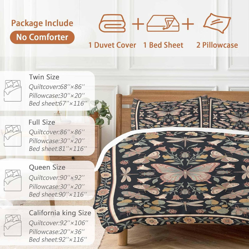 Retro Theme Duvet Cover Set Queen Size 4 Pieces Butterfly Dragonfly Plants Flowers Leaves Black Bedding Set with Zipper Closure, 1 Comforter Cover 90x92 Inches 1 Flat Sheet & 2 Pillow Cases