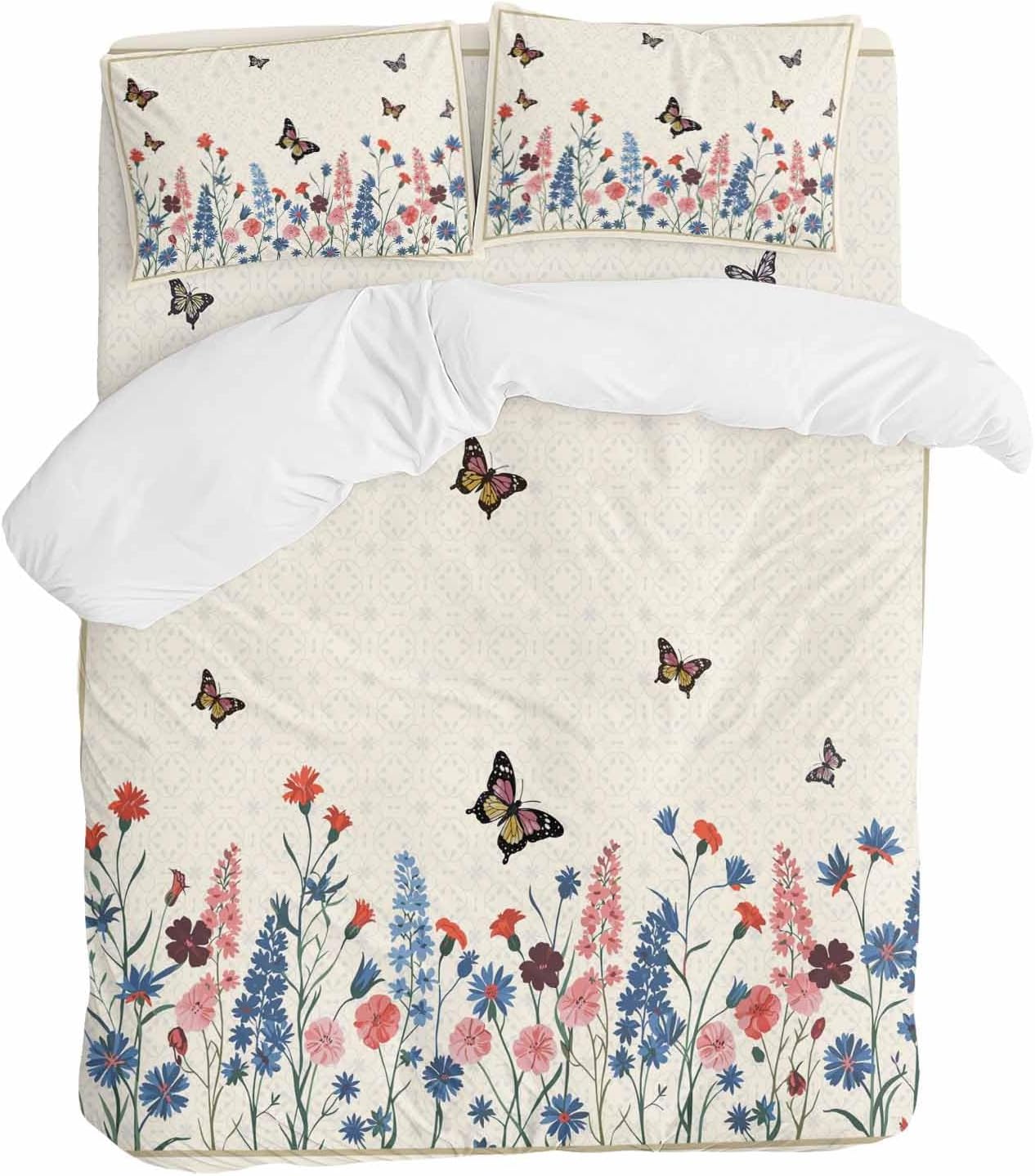 Spring Florals Duvet Cover Set Queen Size 4 Pieces Vintage Pink Blue Flower Butterflies Plants Bedding Set with Zipper Closure, 1 Comforter Cover 92x106 Inches 1 Flat Sheet & 2 Pillow Cases