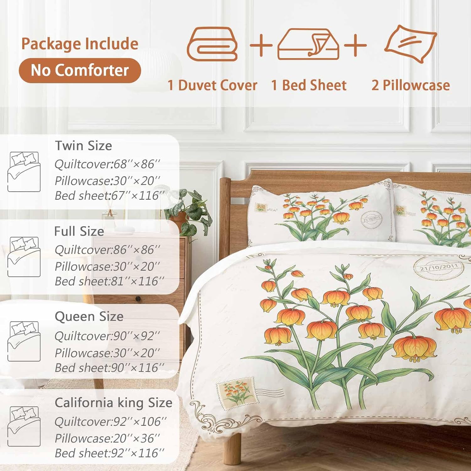 Orange Floral Duvet Cover Set Queen Size 4 Pieces Country Pastoral Watercolor Flowers Green Leaf Bedding Set with Zipper Closure, 1 Comforter Cover 90x92 Inches 1 Flat Sheet & 2 Pillow Cases