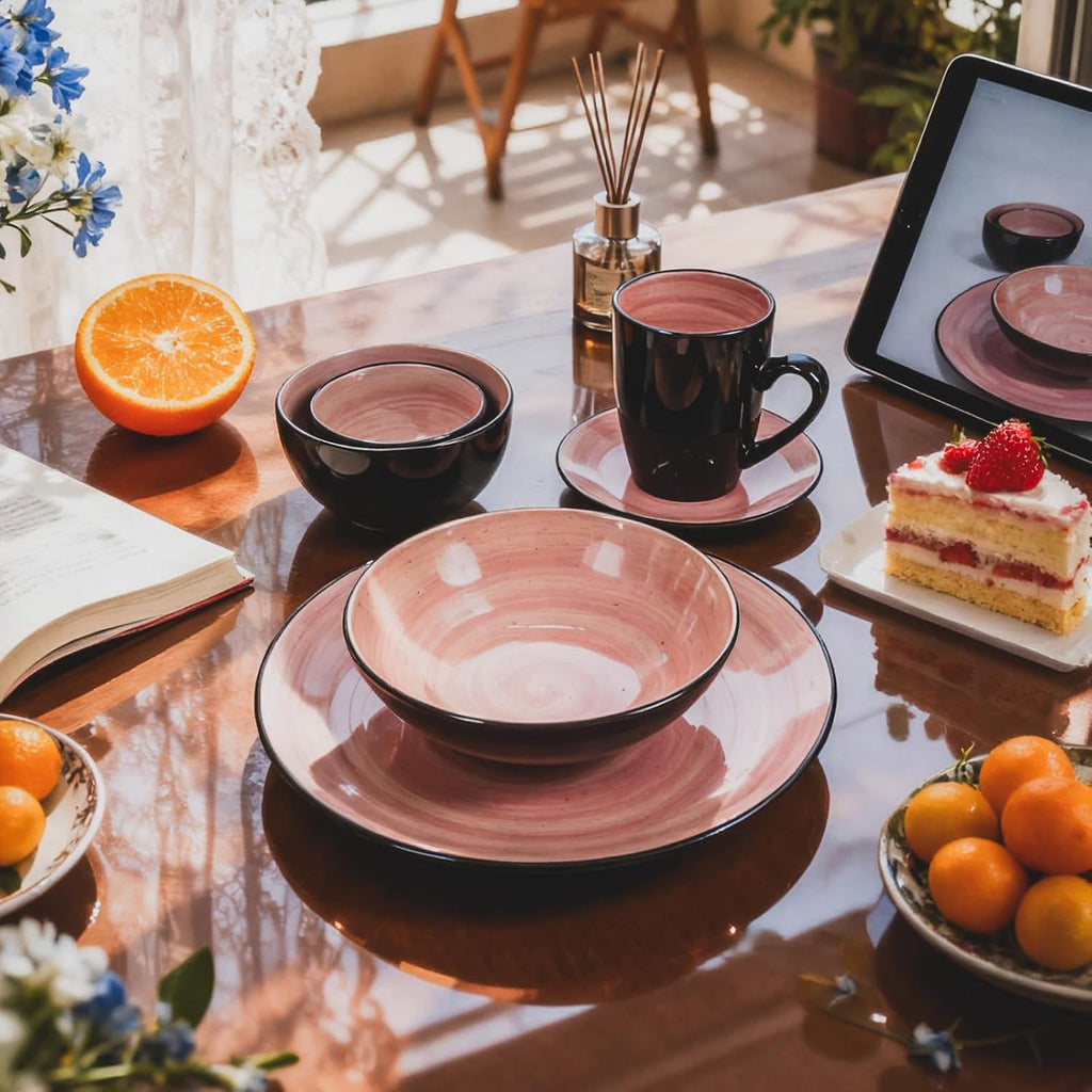 Stoneware Sonoma 56pc Dinnerware Set, Black + Speckled Spin Wash Rose
