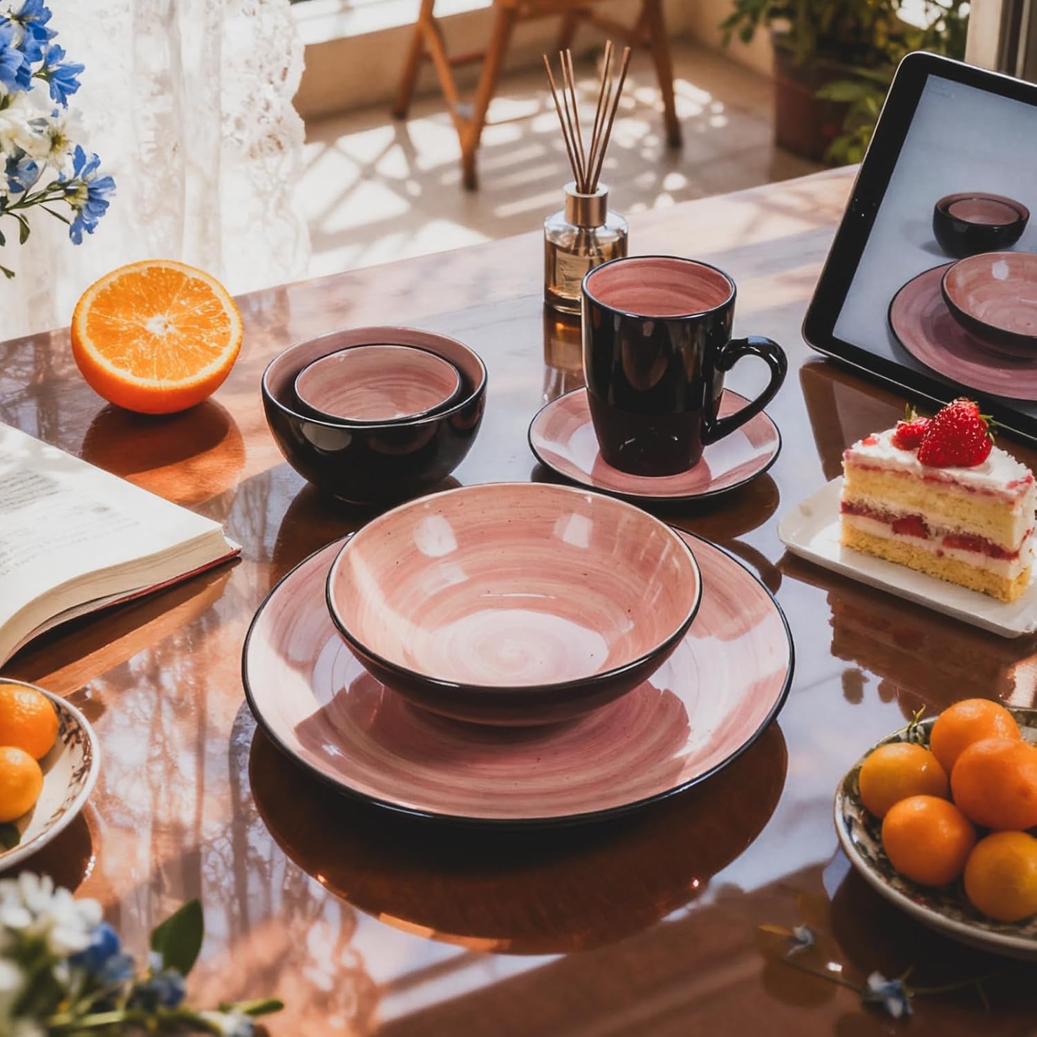 Stoneware Sonoma 56pc Dinnerware Set, Black + Speckled Spin Wash Rose