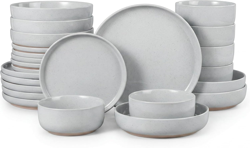 HaWare 24-Piece Plates and Bowls Set for 6, Stoneware Dinnerware Sets with Pasta Bowl, Dishes Set for Home Restaurant, Speckled Misty Grey