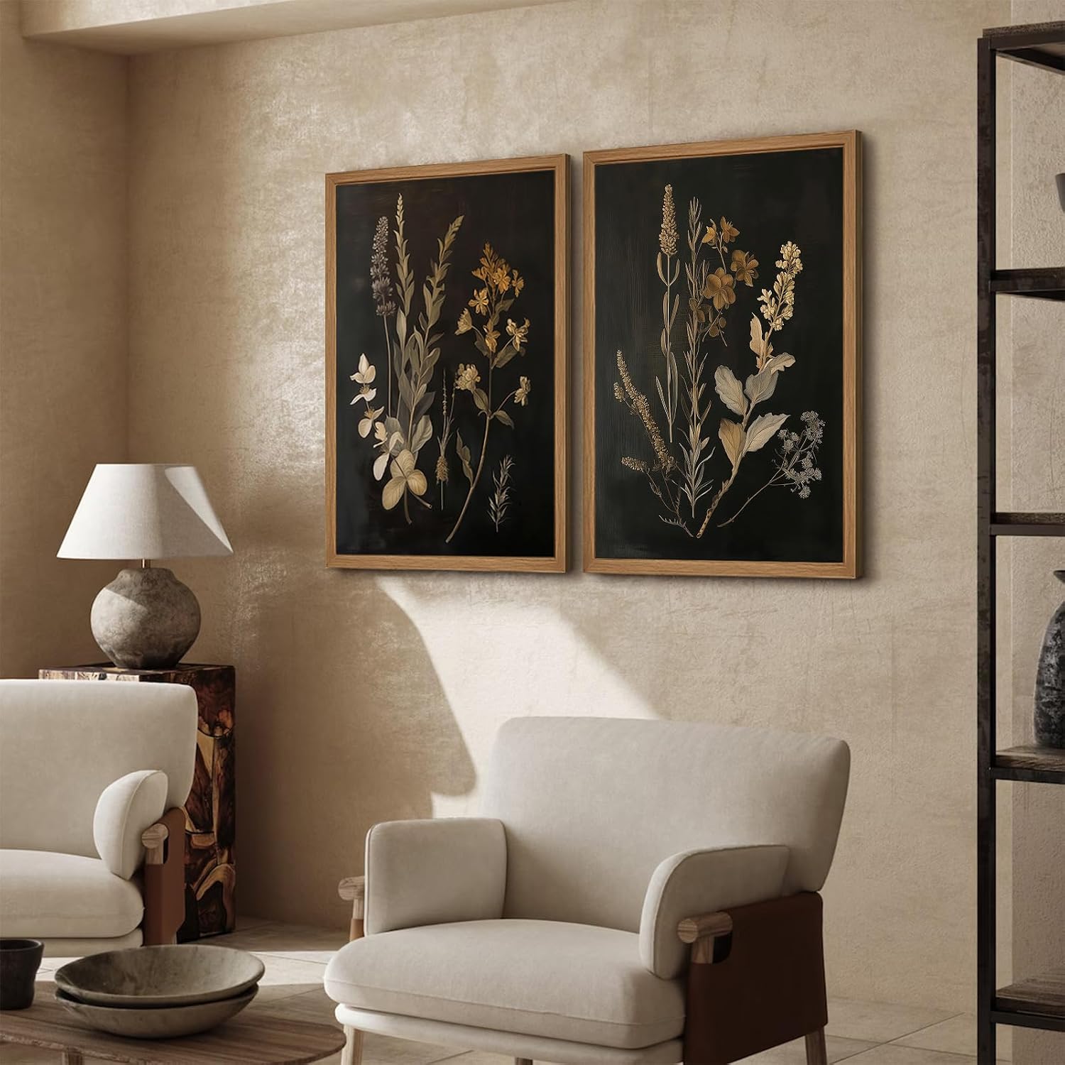 Vintage Floral Wall Art Decor Black Botanical Canvas Art Moody Flower Wall Art Dark Academia Poster Painting Vintage Floral Prints Pictures for Bedroom Living Room 24x36 Inch Wood Framed Set of 2
