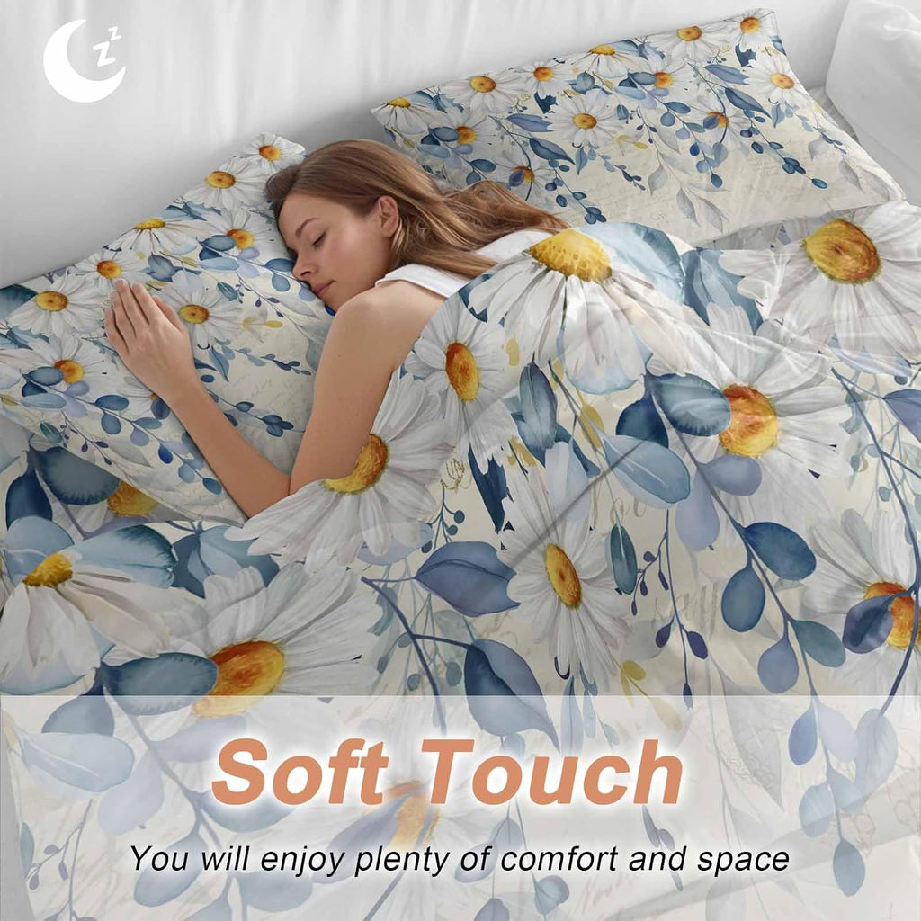Spring Eucalyptus Leaves Duvet Cover Set Queen Size 4 Pieces Country Vintage Blue Leaf White Daisy Bedding Set with Zipper Closure, 1 Comforter Cover 90x92 Inches 1 Flat Sheet & 2 Pillow Cases