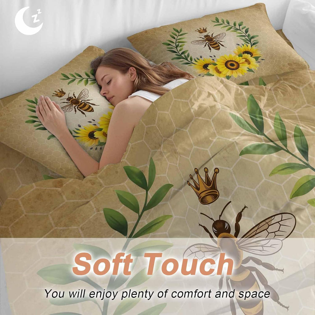 Vintage Crown Bee Duvet Cover Set Queen Size 4 Pieces Country Sunflowers Green Leaves Honeycomb Bedding Set with Zipper Closure, 1 Comforter Cover 86x86 Inches 1 Flat Sheet & 2 Pillow Cases