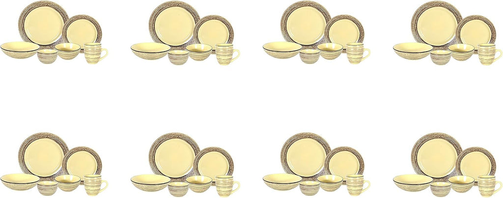 48 Piece Dinnerware Set, Ceramic Plates and Bowls Sets for 8, Microwave and Dishwasher Safe, Handcrafted Tree Bark Series Dish Set, Bamboo