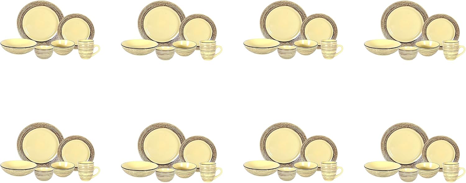 48 Piece Dinnerware Set, Ceramic Plates and Bowls Sets for 8, Microwave and Dishwasher Safe, Handcrafted Tree Bark Series Dish Set, Bamboo