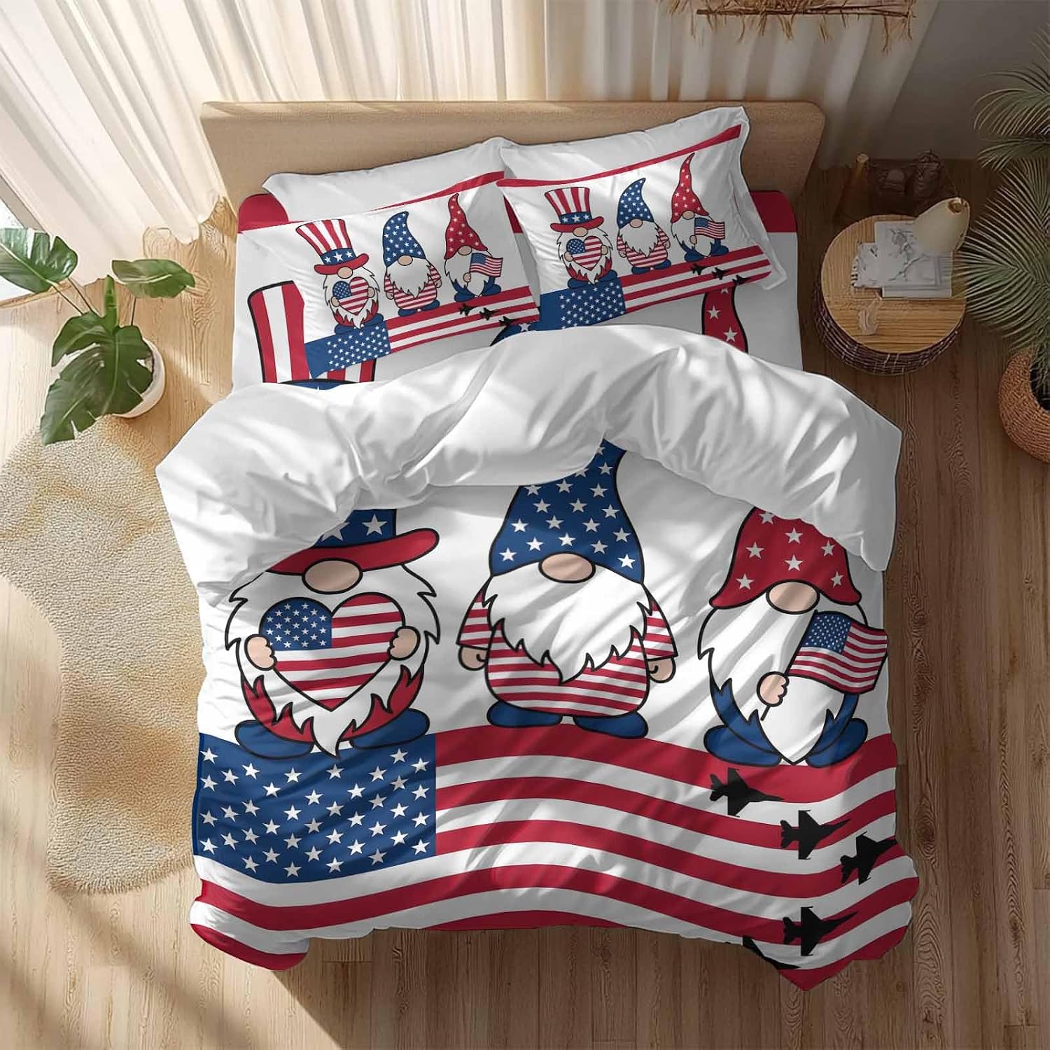 Independence Day Duvet Cover Set Queen Size 4 Pieces Cute Gnome with American Flag Hat Red White Stripes Bedding Set with Zipper Closure, 1 Comforter Cover 90x92 Inches 1 Flat Sheet & 2 Pillow Cases