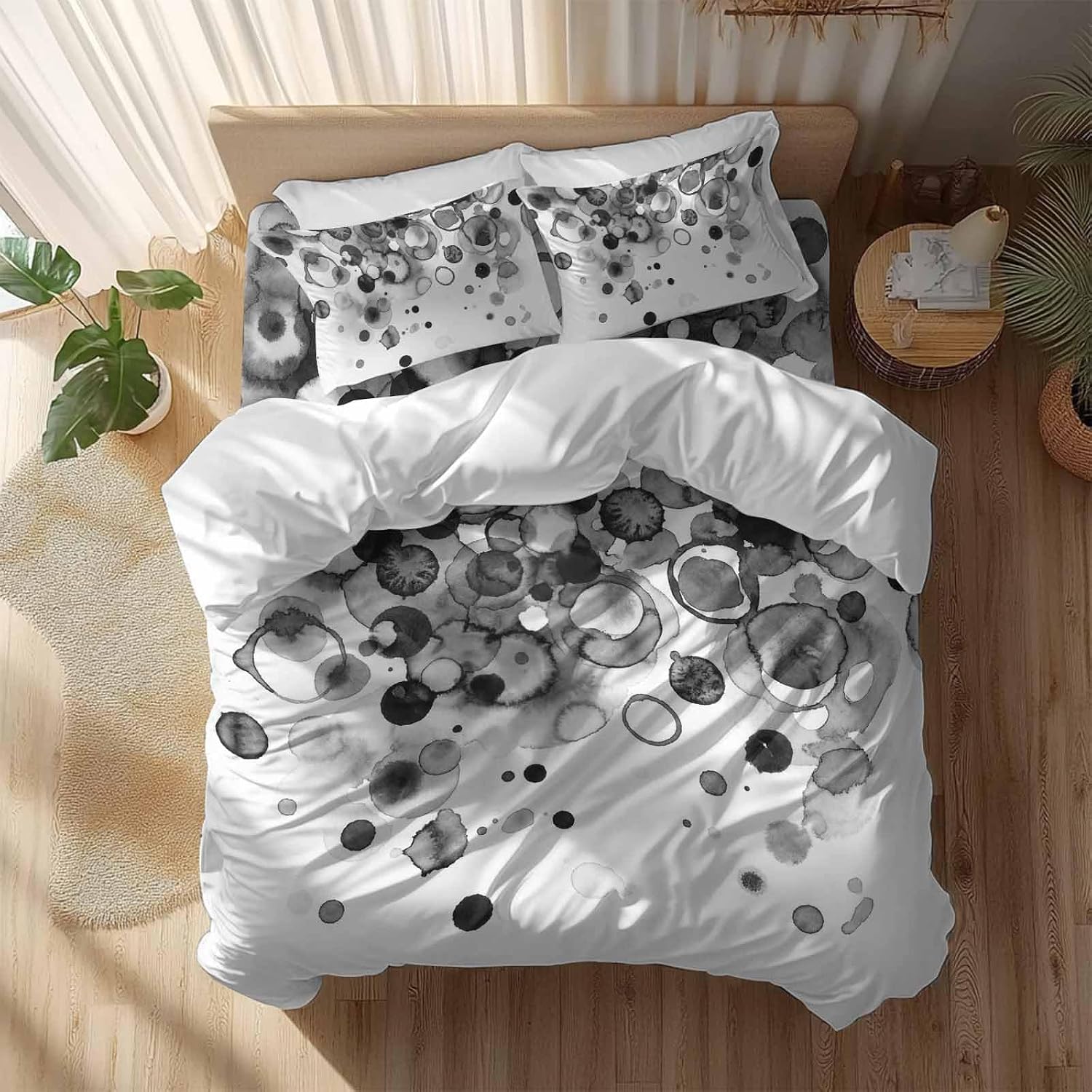 Abstract Duvet Cover Set Queen Size 4 Pieces Black Gradient Watercolors Ink Points Minimalist Bedding Set with Zipper Closure, 1 Comforter Cover 86x86 Inches 1 Flat Sheet & 2 Pillow Cases