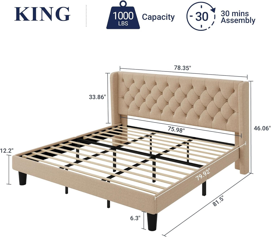 Allewie King Size Bed Frame with Button Tufted Wingback Headboard, Modern Upholstered Bed Frame with Solid Wooden Slats Support - No Box Spring Needed, Easy Assembly, Beige