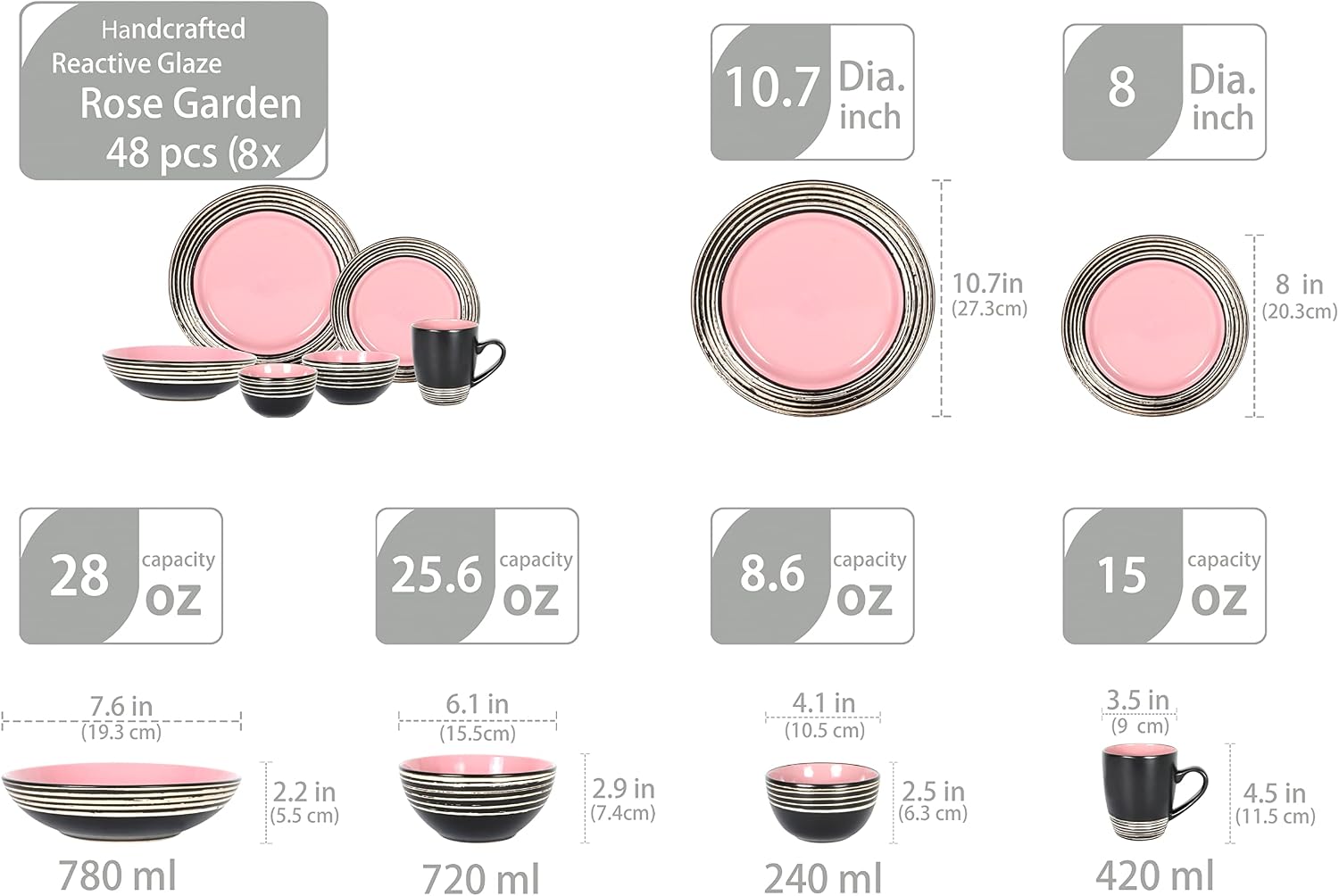 48 Piece Dinnerware Set, Ceramic Plates and Bowls Sets for 8, Microwave and Dishwasher Safe, Handcrafted Tree Bark Series Dish Set, Rose/Pink