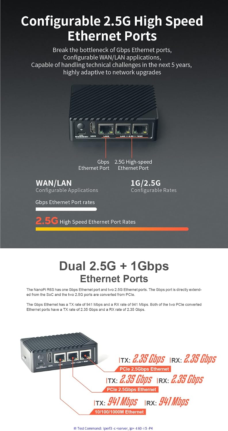 Nanopi R6S Mini WiFi Router Linux OpenWRT - 8GB LPDDR4X RAM 64GB eMMC, 8K Video Decoder Encoder, RK3588S SoC with 6TOPs NPU, 2X 2.5G &1G Gbps Ethernet for IoT NAS Smart Home Gateway (Power Kit)
