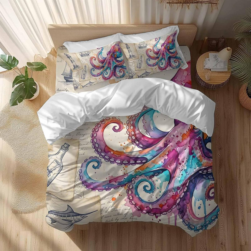 Prime Leader Pink Blue Octopus Duvet Cover Set Queen Size 4 Pieces Watercolor Octopus Newspaper Texture Bedding Set with Zipper Closure, 1 Comforter Cover 86x86 Inches 1 Flat Sheet & 2 Pillow Cases