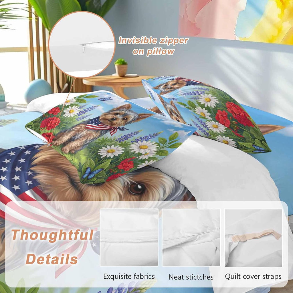 Independence Day Duvet Cover Set Queen Size 4 Pieces Watercolor U. S. Flag Cute Yorkshire Butterfly Bedding Set with Zipper Closure, 1 Comforter Cover 90x92 Inches 1 Flat Sheet & 2 Pillow Cases