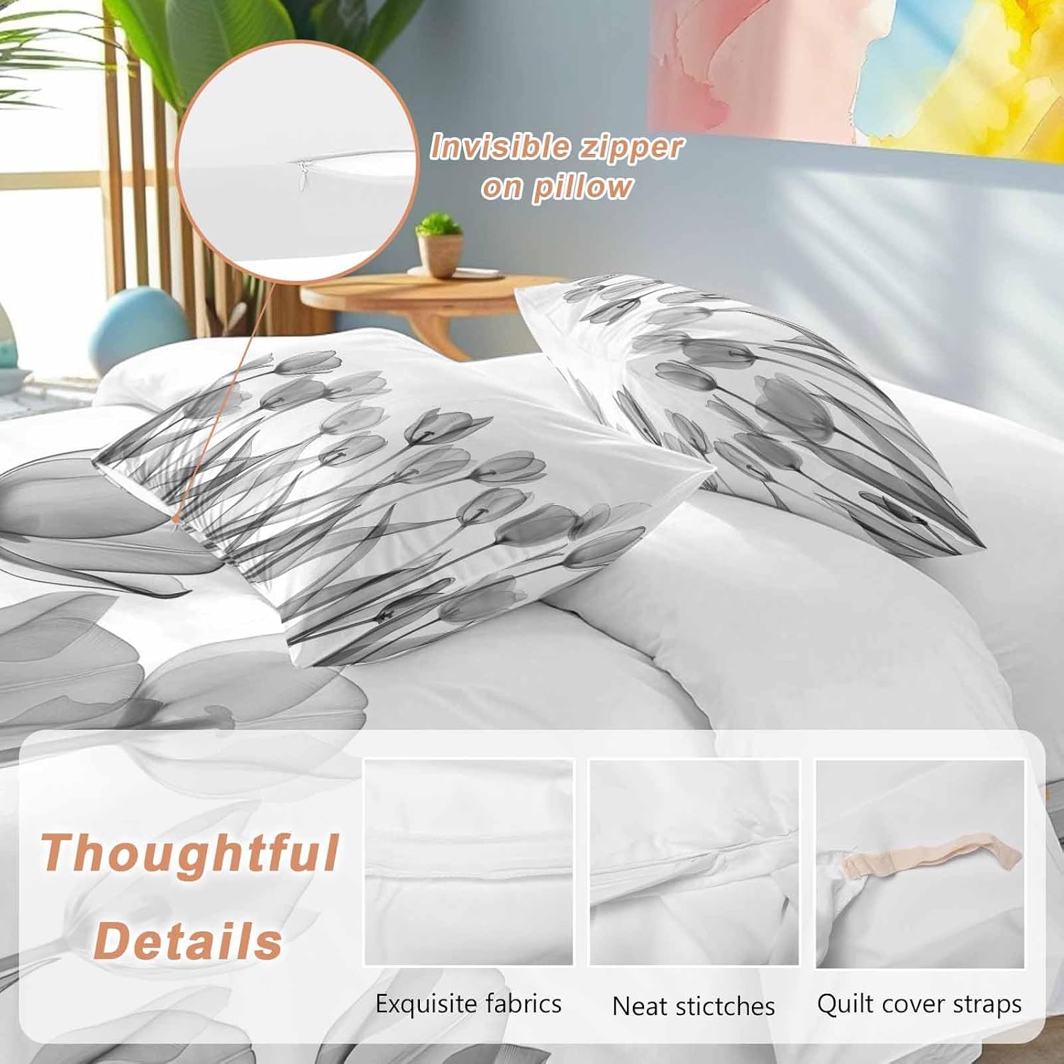 Prime Leader Spring Floral Duvet Cover Set Queen Size 4 Pieces Watercolor Black Tulip Flowers Pattern Bedding Set with Zipper Closure, 1 Comforter Cover 86x86 Inches 1 Flat Sheet & 2 Pillow Cases