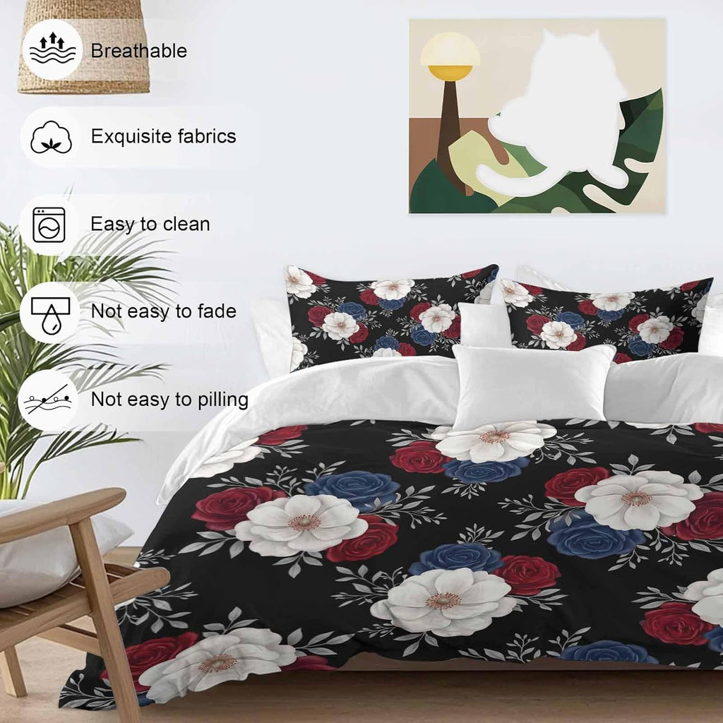 Prime Leader Independence Day Duvet Cover Set Queen Size 4 Pieces Red Blue White Roses Floral Leaf Black Bedding Set with Zipper Closure, 1 Comforter Cover 90x92 Inches 1 Flat Sheet & 2 Pillow Cases