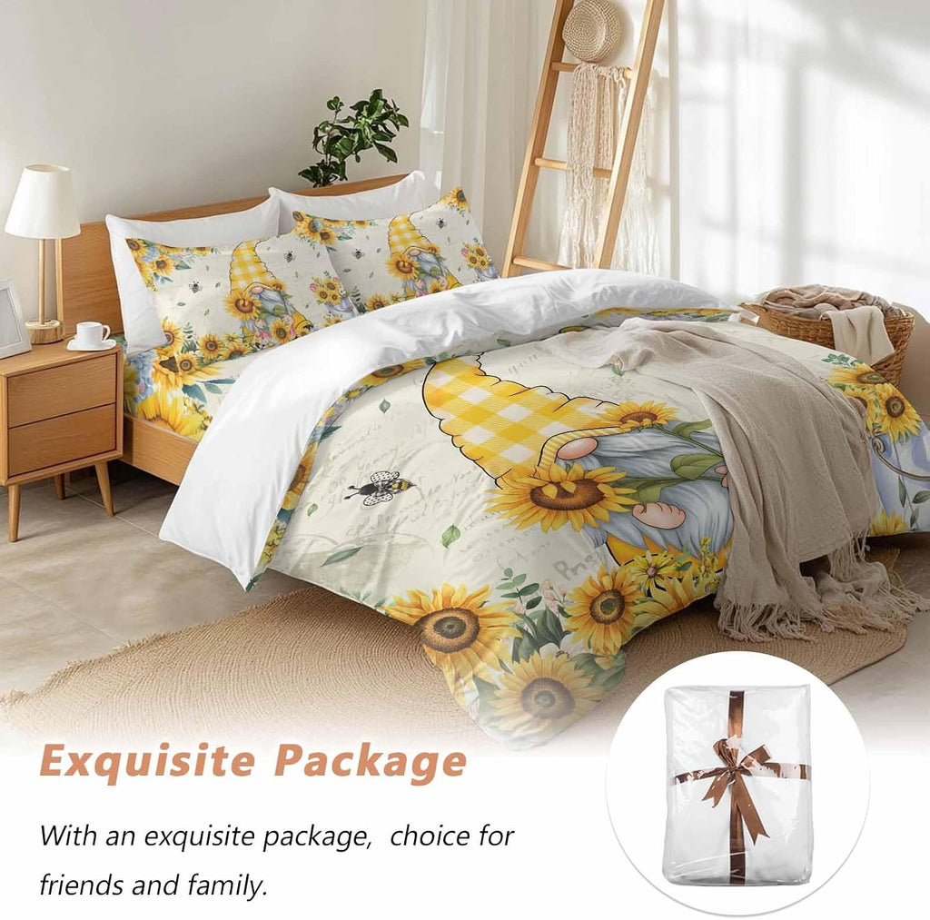 Prime Leader Sunflower Gnome Duvet Cover Set Queen Size 4 Pieces Bee Yellow Flower Leaf Spring Plant Farm Bedding Set with Zipper Closure, 1 Comforter Cover 86x86 Inches 1 Flat Sheet & 2 Pillow Cases