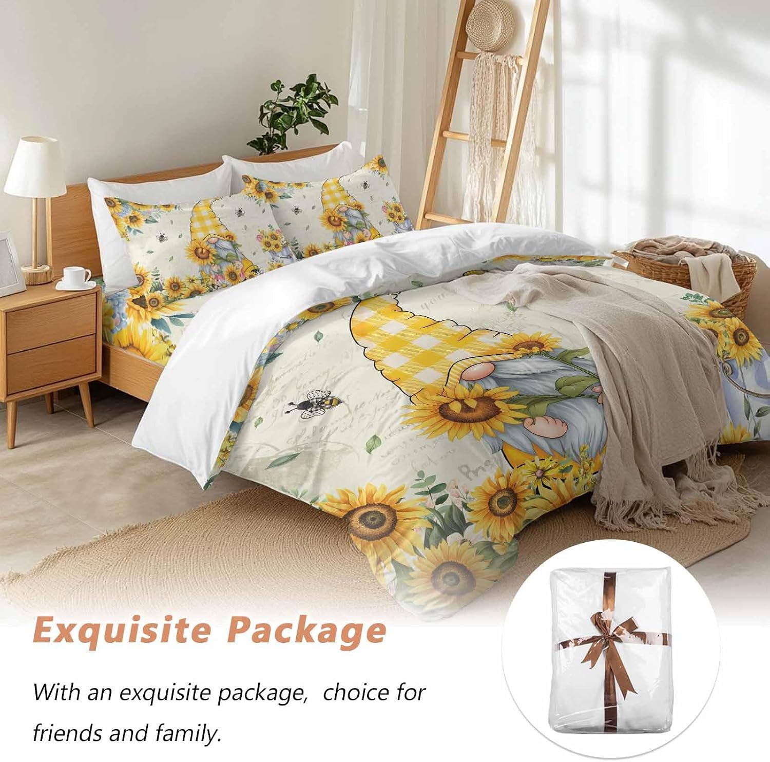 Prime Leader Sunflower Gnome Duvet Cover Set Queen Size 4 Pieces Bee Yellow Flower Leaf Spring Plant Farm Bedding Set with Zipper Closure, 1 Comforter Cover 86x86 Inches 1 Flat Sheet & 2 Pillow Cases
