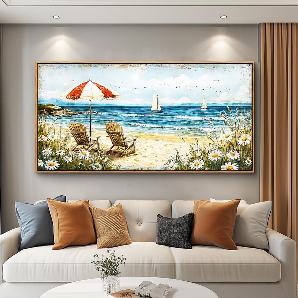 ERQINHUA Large Wall Decor Canvas Painting Wall Art For Living Room Bedroom Home Decoration Blue Seaside Landscape Painting Print For office Dining Room Bathroom Wall Aesthetics Wood Frame 30x60 In