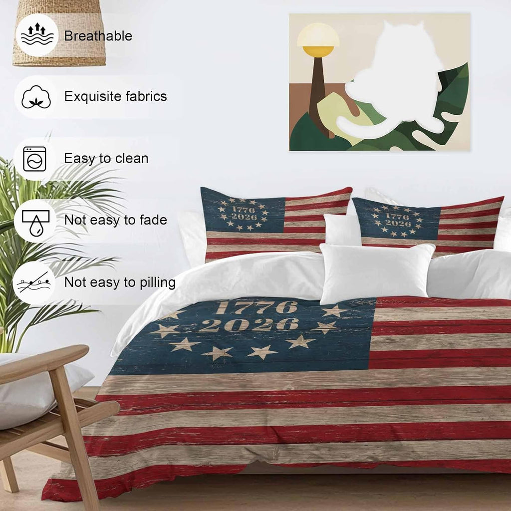 Independence Day Duvet Cover Set Queen Size 4 Pieces Retro American Flag Patriotic Red Blue Stripe Star Bedding Set with Zipper Closure, 1 Comforter Cover 86x86 Inches 1 Flat Sheet & 2 Pillow Cases