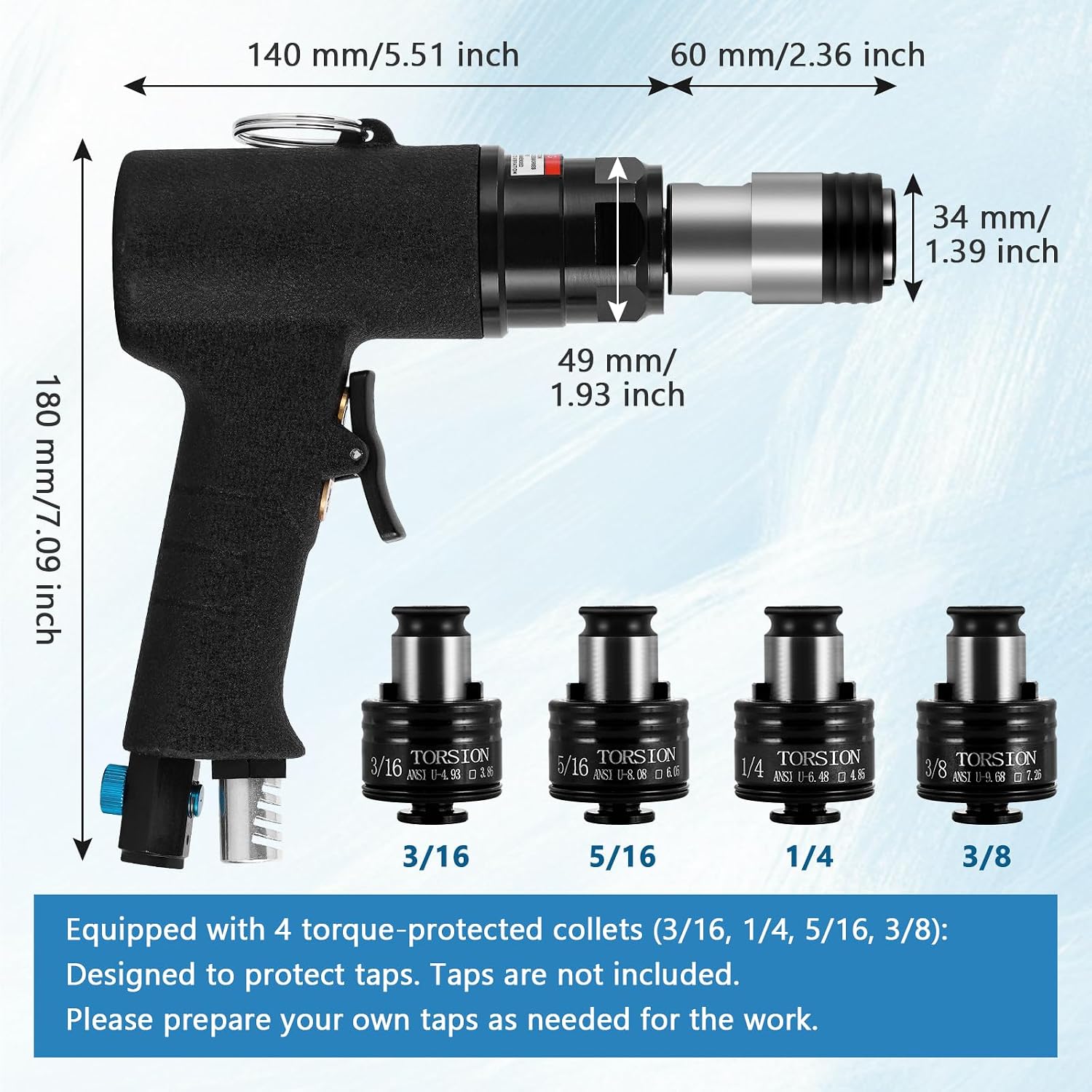 MXBAOHENG Pneumatic Tapping Machine with 360° Rotating Auxiliary Handle, Portable Air Tapper Tool 250RPM Thread Tapping Gun Tap Drill Machine for Metal with 4pcs ANSI Collets