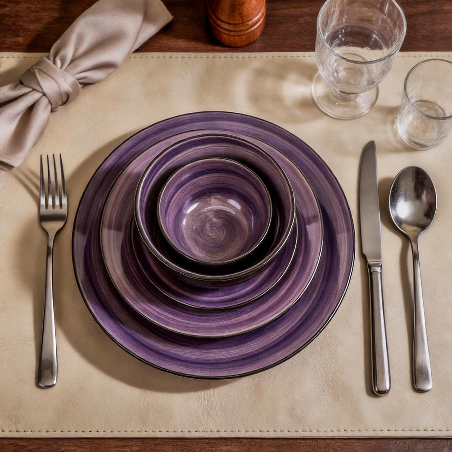 Stoneware Sonoma 56pc Dinnerware Set, Black + Speckled Spin Wash Purple