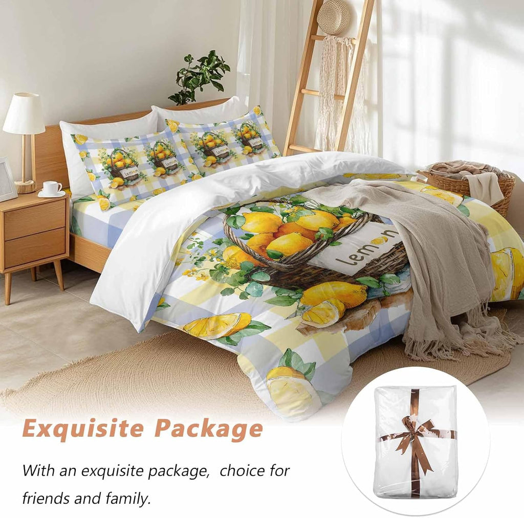 Summer Fruit Duvet Cover Set Queen Size 4 Pieces Watercolor Lemon Frame Letter Print Blue Yellow Plaid Bedding Set with Zipper Closure, 1 Comforter Cover 90x92 Inches 1 Flat Sheet & 2 Pillow Cases