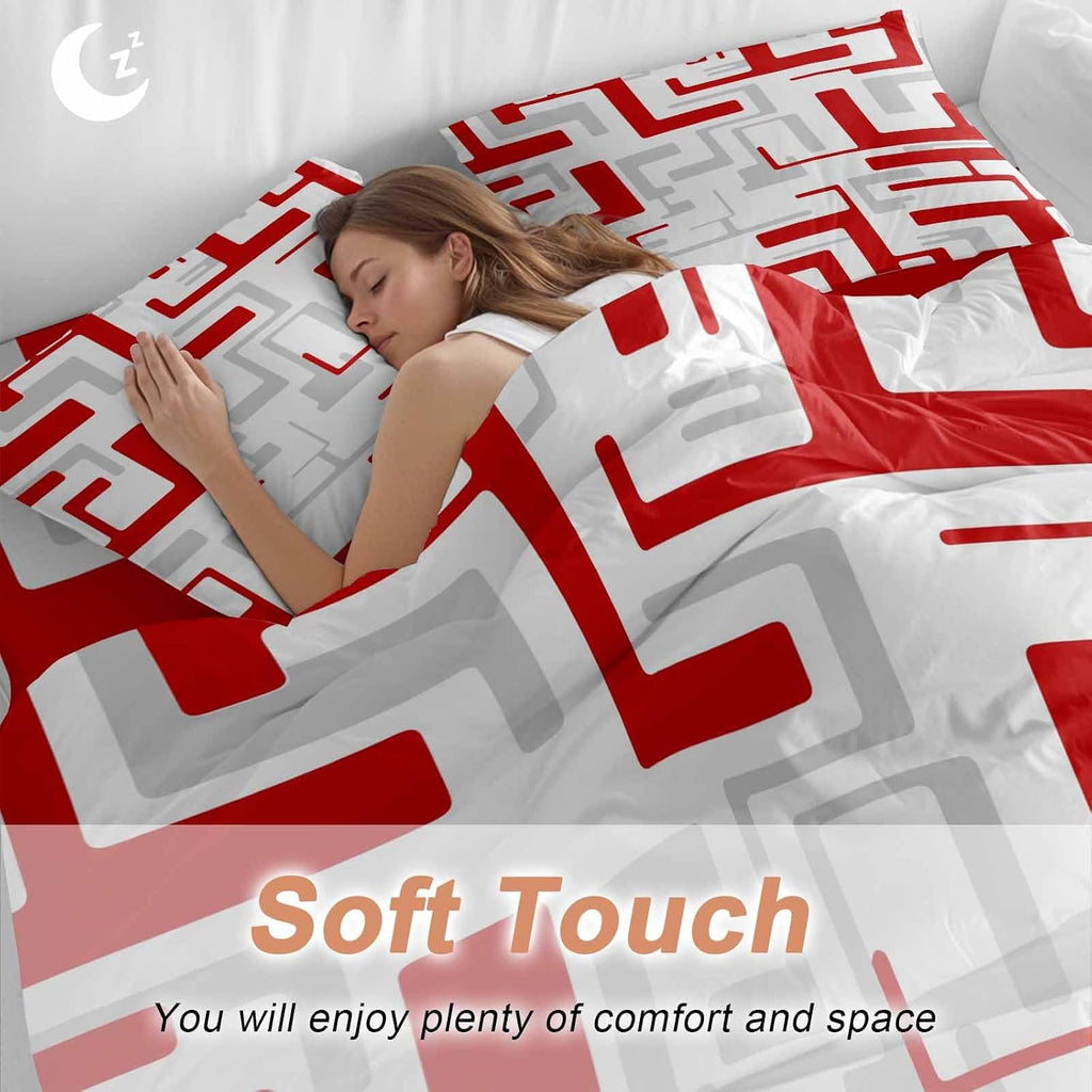 Prime Leader Red Gray Geometric Stripes Duvet Cover Set Queen Size 4 Pieces Modern Abstract Lines Maze Bedding Set with Zipper Closure, 1 Comforter Cover 90x92 Inches 1 Flat Sheet & 2 Pillow Cases